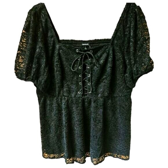 TORRID BLACK Babydoll Short Sleeve Chenille Lace SquareβNeck Blouse Plus Siz2X - Picture 1 of 16